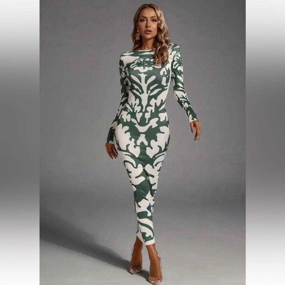 Catchall Delilah Green Abstract Floral Open Back Printed Bodycon Dress Medium